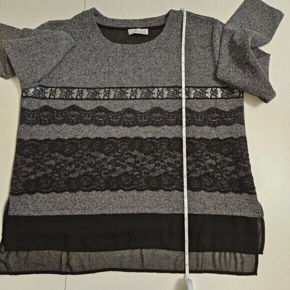 Intrend Max Mara Top Womens L Gray Black Pullover LS Lace Satin Sheer Whimsigoth - Picture 12 of 15